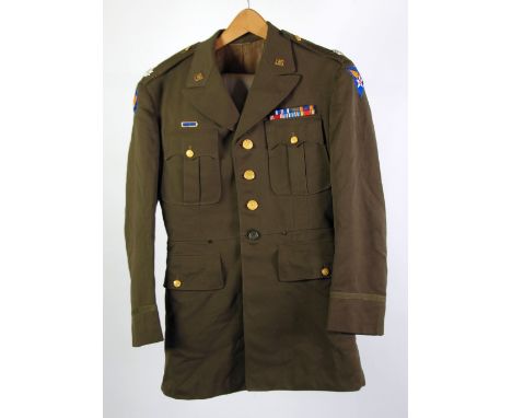 GREEN US ARMY MID 20TH CENTURY DRESS UNIFORM, the jacket with brass US lapel badge, two rows of medal ribbons and cloth label