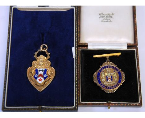 BOROUGH OF STALYBRIDGE, MAYORAL SILVER GILT AND ENAMEL HEART SHAPED PENDANT MEDALLION, front bearing coat of arms, reverse wi