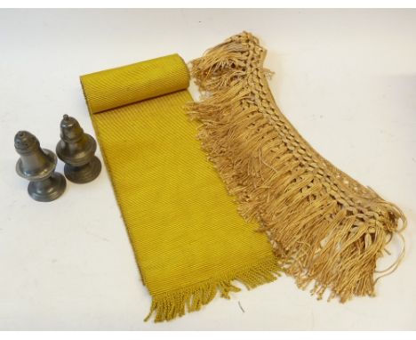 SGT BEN BREARLEY'S GOLD RIBBED FABRIC SASH with fringed ends, 8'6" long, a length of BRAID and TWO ANTIQUE PEWTER PEPPER AND 