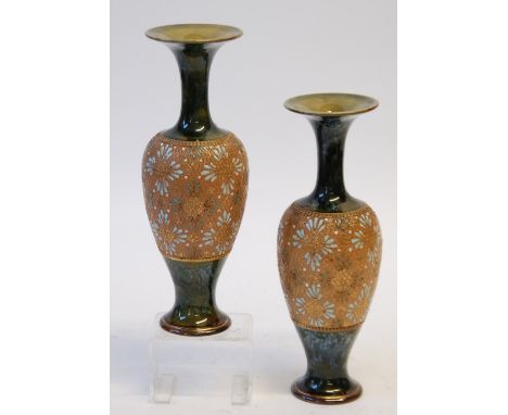 PAIR OF DOULTON 'SLATERS PATENT' POTTERY VASES, of slender oviform with waisted necks, each with central light brown rough la