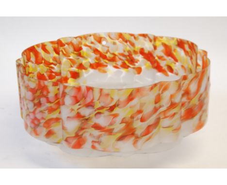 ART DECO MOTTLED AND FROSTED CEILING LIGHT SHADE, in tones of orange, yellow and white, 6" (15.2cm) high, 14" (35.6cm) diamet
