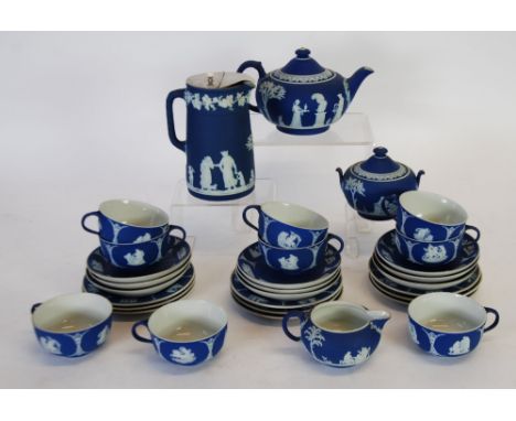 THREE PIECE WEDGWOOD BLUE DIPPED JASPERWARE TEASET, applied in white with classical figures and acanthus leaf borders, TOGETH