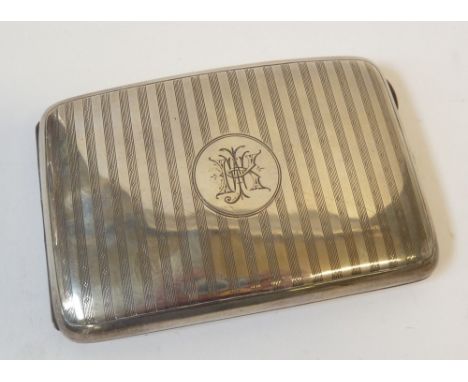 LARGE SILVER CURVED OBLONG POCKET CIGARETTE CASE, double sided with striped engine turned decoration, 5" long, Chester 1919, 