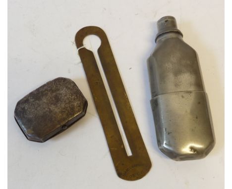 SGT BEN BREARLEY'S 19TH CENTURY PEWTER BRANDY FLASK with removable cup base; his STEEL TOBACCO OR SNUFF BOX, oblong and cushi