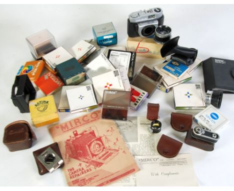 COLLECTION OF CAMERA FILTERS AND SMALL ACCESSORIES, some in brown leather cases, a BEIRETTE ROLL  FILM CAMERA (a.f.) and a JO
