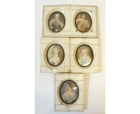 FIVE LATE NINETEENTH CENTURY FRENCH 'PASTICHE' PORTRAIT MINIATURES  in Georgian taste contained in 'Piano Key' frames 