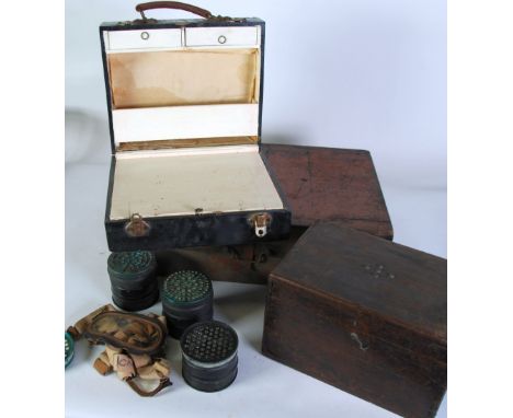 BLACK PAINTED WOOD BOX, with later white painted fitted interior, TOGETHER WITH A DOVE TAILED OAK BOX  containing parts of a 