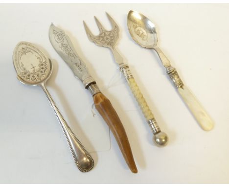 VICTORIAN ENGRAVED ELECTROPLATE BREAD FORK with spirally fluted bone handle; A PRESERVES SPOON with mother of pearl handle; A