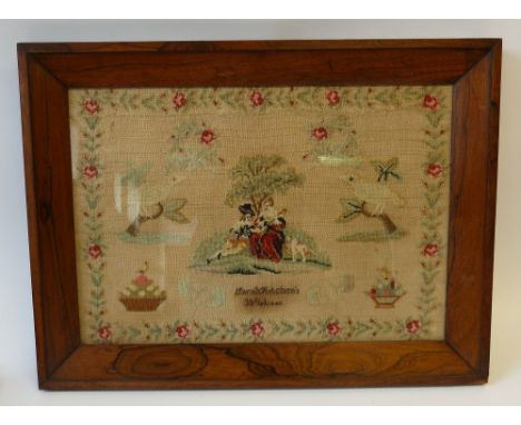 EARLY VICTORIAN PICTORIAL NEEDLEWORK SAMPLER DEPICTING LADY AND GALLANT, birds in trees etc within a floral border and inscri