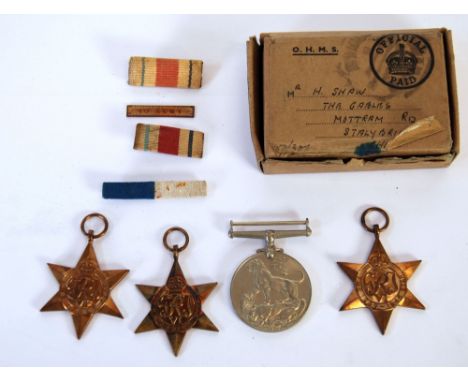 GROUP OF FOUR WORLD WAR II SERVICE MEDALS AWARDED TO MR H. SHAW, viz 1939/45 War medal, Africa, Italy and 1939/45 Stars, TOGE