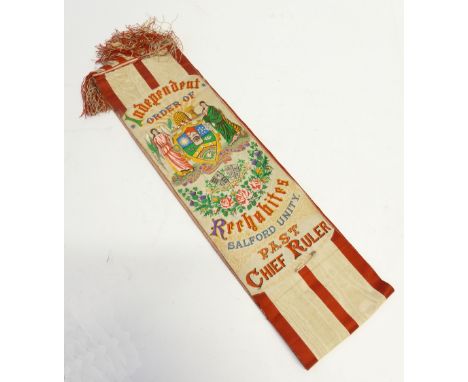 A VICTORIAN EMBROIDERED SILK SASH; 'INDEPENDENT ORDER OF RACHABITES, SALFORD UNITY, PAST CHIEF RULER