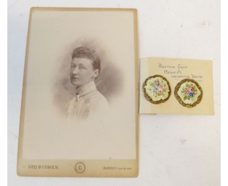 LATE VICTORIAN PHOTOGRAPHIC PORTRAIT OF JANET BRIERLEY (wife of B.C. Brierley) AND A PAIR OF GILT METAL AND FLORAL ENAMELLED 