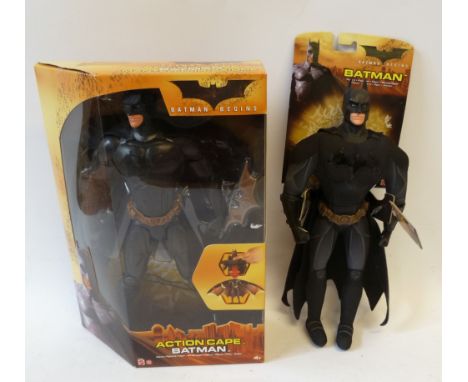 MATTEL MINT AND BOXED BATMAN BEGINS 'ACTION CAPE BATMAN' figure, window box good and ditto BATMAN SOFT TOY FIGURE, card mount