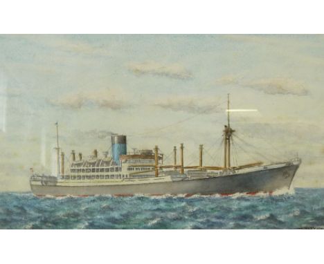 ERIC FRY WATERCOLOUR DRAWING Ship Portrait  'Breconshire' Blue Funnel Line Signed and dated 1960 6 1/2" x 10 1/2"