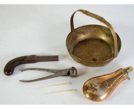 *COPPER POWDER FLASK, EMBOSSED WITH GROUSE, A BULLET MOULD AND THE BODY OF A POCKET PISTOL (3)