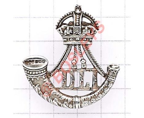Durham Light Infantry Officer’s Birmingham 1940 hallmarked silver cap badge. Good die-cast crowned strung bugle with “DLI” lo