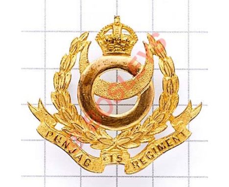 Indian Army. 15th Punjab Regiment post 1922 Officer’s gilt cap badge. Fine British made die-cast crowned quoit interlinked wi