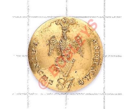 87th POW Own Irish Fusiliers George III Officer’s gilt open back coatee button. POW plumes atop eagle on Maid of Erin Harp re
