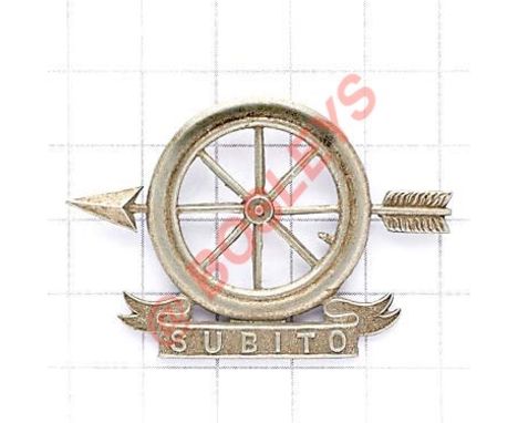 Motor Volunteer Corps large collar badge circa 1903-06. Die-stamped white metal, Wheel pierced with arrow on scroll “Subito”.