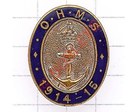 OHMS 1915-15 Naval lapel badge Blue enamel oval with crowned fouled anchor to centre. Buttonhole 