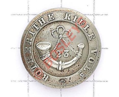 Rotherithe Rifle Volunteers Victorian white metal tunic button. Title circlet, central strung bugle with “23” lodged between 