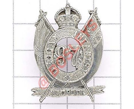 Indian Army. 97th Deccan Infantry scarce Officer’s cap badge circa 1903-22. Die-cast native silver crown circlet resiting on 
