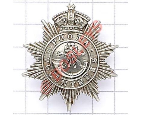 Indian Army. Poona Volunteers post 1887 pagri badge. Fine scarce British made die-stamped white metal example. Crowned star, 