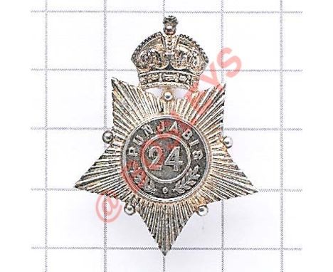 Indian Army. 24th Punjabis Officer’s 1920 London hallmarked silver cap badge. Fine die-cast crowned five pointed star bearing