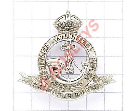 Indian Army. Moulmein Volunteer Rifles pre 1920 cap badge. British made die-stamped white metal crowned title circlet resting