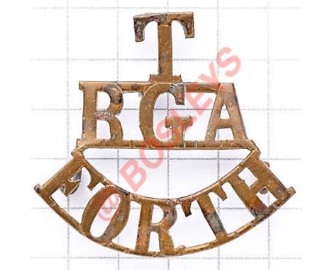 T / RGA / FORTH brass Royal Garrison Artillery shoulder title circa 1908-20. Two of three loops Defended Port Battery HQ Edin