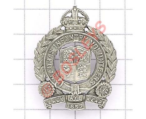 Indian Army. Madras Infantry Volunteers AFI cap badge. British made in die-stamped white metal. (as Cox 2698 but voided) Repl