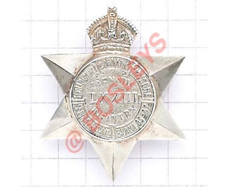 Indian Army. 73rd Carnatic Infantry Officer’s pre 1922 helmet badge. Die-cast unmarked silver example of crowned star pattern