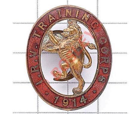 I.R.V. Training Corps 1914 WW1 VTC mufti badge Rampant lion within red enamel title oval. JR Gaunt & Son, London Buttonhole  