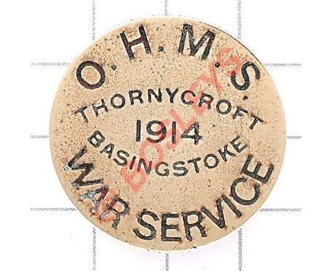 WW1 1914 Home Front Thornycroft Basingstoke. War Service Badge. The reverse with impressed issue number. Buttonhole re-affixe