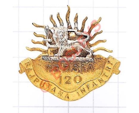 Indian Army. 120th Rajputana Infantry Officer’s cap badge circa 1903-22. A splendid die-stamped gilt example with applied sil