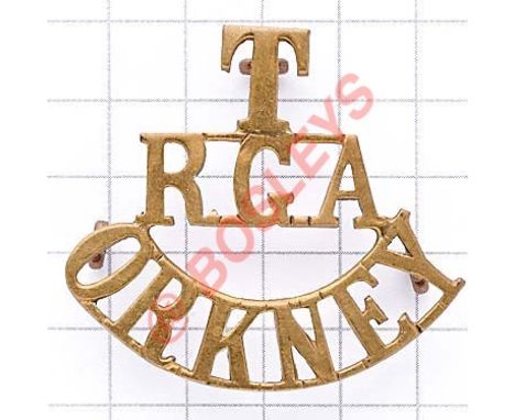 T / RGA / ORKNEY brass Royal Garrison Artillery shoulder title circa 1908-20. Loops Defended Port Battery HQ Kirkwall