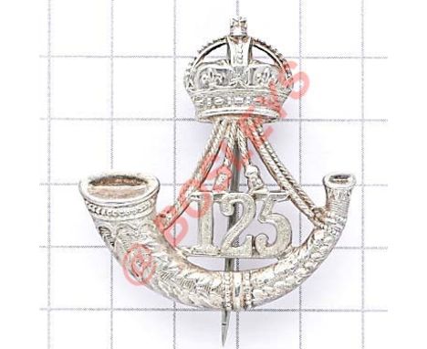 Indian Army. 125th Napier’s Rifles 1905 Birmingham hallmarked silver pagri badge. Die-stamped crowned strung bugle with “125”