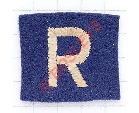 Royal Engineers R Force scarce WW2 cloth formation sign. White R embroidered on blue square. Loops 21st Army Group deception 