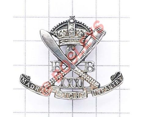 Indian Army. 6th Burma Bn. 31st Madras Light Infantry cap badge circa 1893-1901. Die-stamped white metal crowned crossed Burm