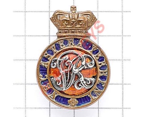 RMC Sandhurst Victorian Officer Cadet's cap badge. Crowned pierced circlet ''Nec Aspera Terrent'' on blue enamel; red enamel 