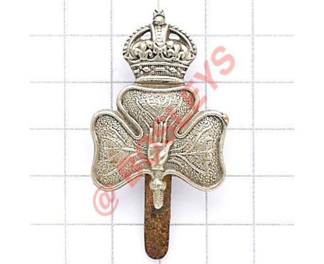 Irish. Ulster 14th Bn (Young Citizens) Royal Irish Rifles WW1 “Kitchener’s Army” cap badge. Fine scarce die-stamped white met