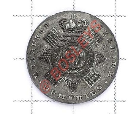 Scottish. Dunfries, Roxburgh and Selkirk Militia OR’s open back pewter coatee button. Crowned thistle star with “Dunfries, Ro