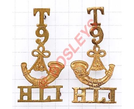 T / 9 / bugle / HLI brass Highland Light Infantry facing pair brass Scottish shoulder titles. Three loops to each Glasgow Hig