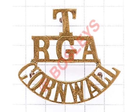 T / RGA / CORNWALL brass Royal Garrison Artillery shoulder title circa 1908-20. Loops Defended Port Battery HQ Falmouth