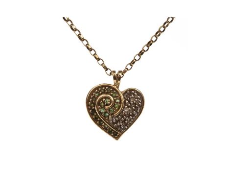 GREEN GEM AND DIAMOND SET PENDANT ON CHAIN, the pendant a heart motif, set with round faceted green gems and round diamonds, 