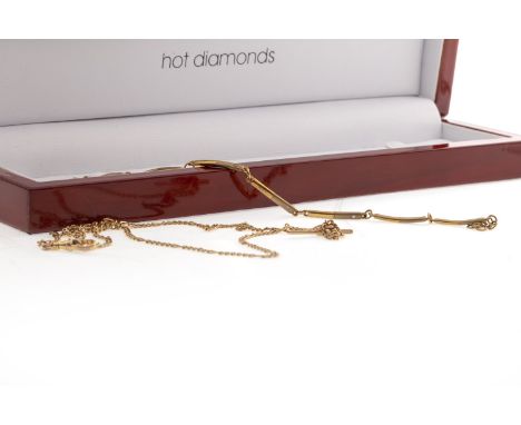 GOLD BRACELET, formed by bar links set with diamonds, marked 375, 7.1g; along with a watch chain style chain necklace marked 