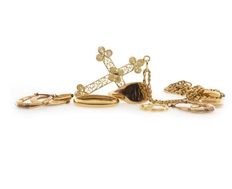 FILIGREE CROSS PENDANT, marked 14Kt, on a gold plated chain; along with a nine carat gold signet ring, 4g; a twenty two carat