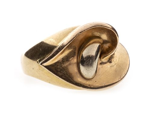 BROAD GOLD RING, the curved asymmetrical bezel with a central white gold section, marks indisinct, size R, 11.2g