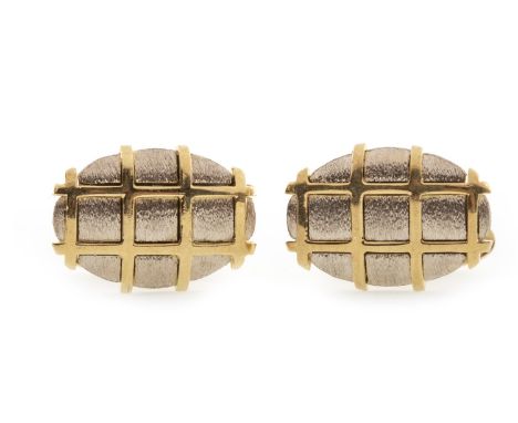 PAIR OF BICOLOUR CUFFLINKS, the white metal oval section with overlaid yellow gold lattice decoration, marked 750 to the reve