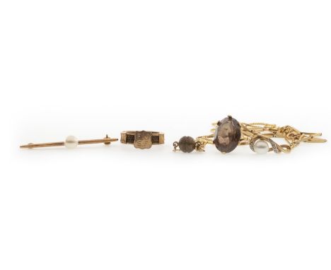 SMOKY QUARTZ RING, in nine carat gold, size K, 5.4g; along with nine carat gold pearl bar brooch, 3.4g; a nine carat gold pea